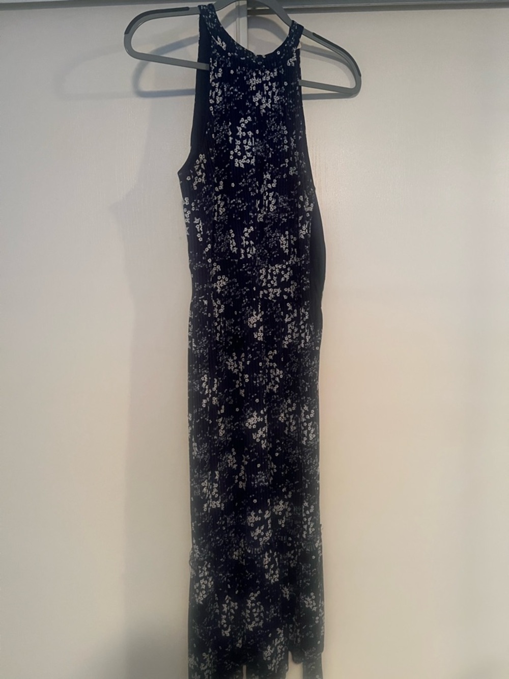 Navy Blue & Black Floral Halter Midi Dress - Elegant Evening Style